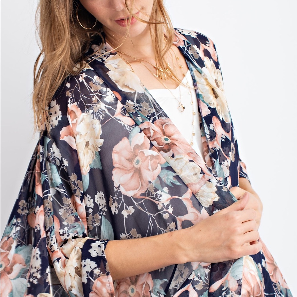 Navy floral kimono style cardigan - Picture 5 of 7